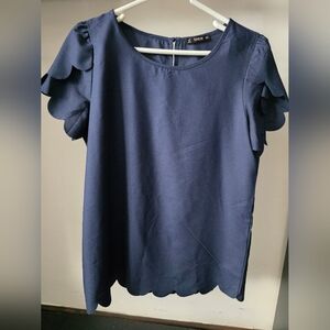SHEIN Navy Scalloped Sleeve Blouse